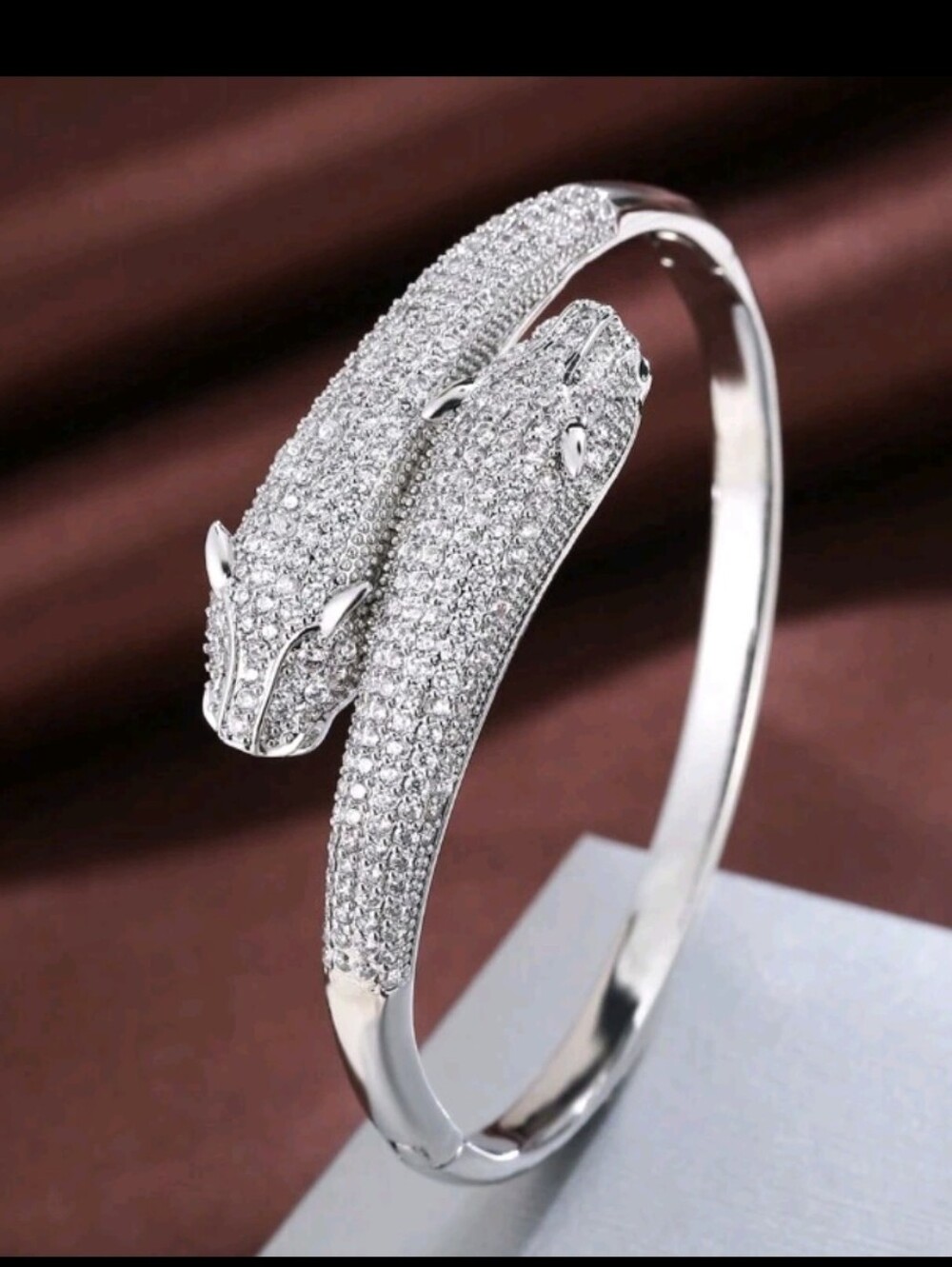 Elegant Silver Diamond Double Leopard Head Bangle Bracelet